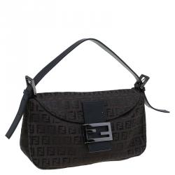 Pre Owned Fendi Dark Brown Zucchino Canvas Shoulder Bag
