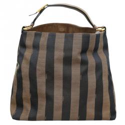 Pre Owned Fendi Tobacco Pequin Striped Canvas Hobo