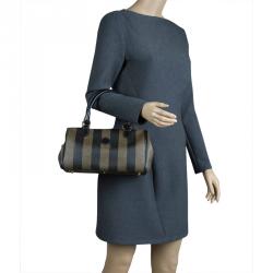 Pre Owned Fendi Tobacco Pequin Striped Coated Canvas Boston Bag