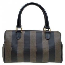 Pre Owned Fendi Tobacco Pequin Striped Coated Canvas Boston Bag