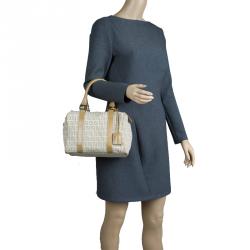 Pre Owned Fendi Beige Zucchino Canvas Small Forever Bauletto Boston Bag