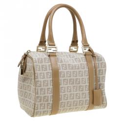 Pre Owned Fendi Beige Zucchino Canvas Small Forever Bauletto Boston Bag