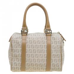 Pre Owned Fendi Beige Zucchino Canvas Small Forever Bauletto Boston Bag