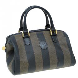 Pre Owned Fendi Tobacco Pequin Striped Coated Canvas Boston Bag