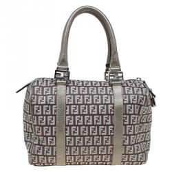 Pre Owned Fendi Grey Zucchino Canvas Small Forever Bauletto Boston Bag