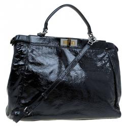 Pre Owned Fendi Black Patent Leather Peekaboo Tote Bag