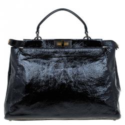 Pre Owned Fendi Black Patent Leather Peekaboo Tote Bag
