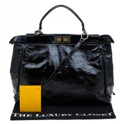 Pre Owned Fendi Black Patent Leather Peekaboo Tote Bag