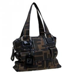 Pre Owned Fendi Tobaccon Zucca Canvas Woven Crossword Tote