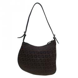 Pre Owned Fendi Choco Brown Zucchino Canvas Small Oyster Hobo