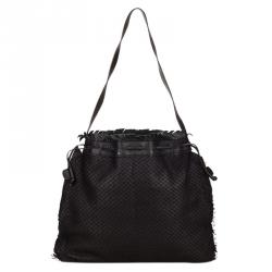 Pre Owned Fendi Black Mesh/Leather Drawstring Shoulder Bag