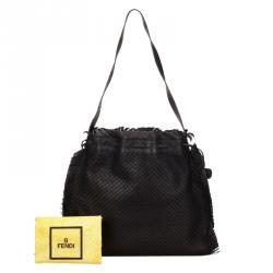 Pre Owned Fendi Black Mesh/Leather Drawstring Shoulder Bag