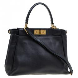 Pre Owned Fendi Black Leather Small Peekaboo Top Handle Bag