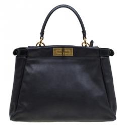 Pre Owned Fendi Black Leather Small Peekaboo Top Handle Bag