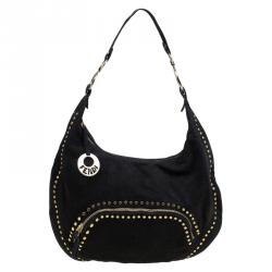 Pre Owned Fendi Black Leather Front Pocket Studded Hobo