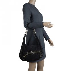 Pre Owned Fendi Black Leather Front Pocket Studded Hobo