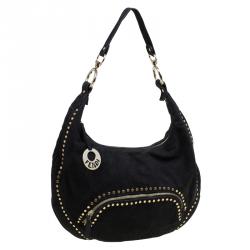 Pre Owned Fendi Black Leather Front Pocket Studded Hobo
