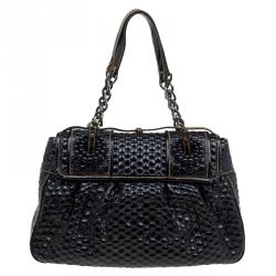 Pre Owned Fendi Black Bubble Patent Leather Trim B Bag