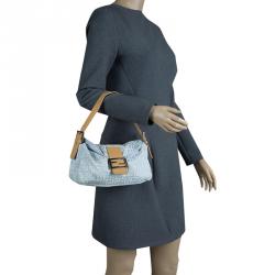Fendi Metallic Blue Zucchino Canvas Baguette Shoulder Bag