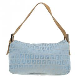 Fendi Metallic Blue Zucchino Canvas Baguette Shoulder Bag