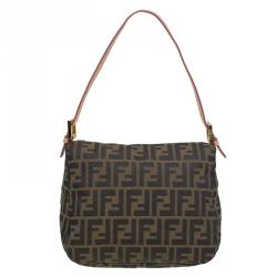 Fendi Tobacco Zucca Canvas Crystal Embellished Baguette Shoulder Bag