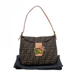 Fendi Tobacco Zucca Canvas Crystal Embellished Baguette Shoulder Bag