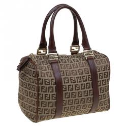 Pre Owned Fendi Brown Zucchino Canvas Bauletto Boston Bag
