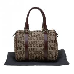 Pre Owned Fendi Brown Zucchino Canvas Bauletto Boston Bag