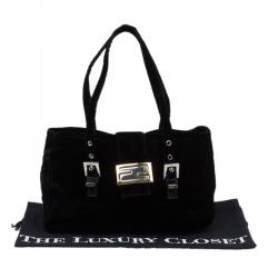 Pre Owned Fendi Black Velvet Long Baguette Shoulder Bag