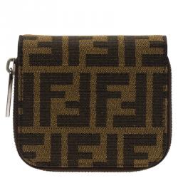 Pre Owned Fendi Tobacco Zucca Canvas Zip Around Compact Wallet