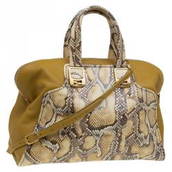Pre Owned Fendi Yellow Honey Python Leather Large Chameleon Satchel