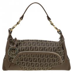 Pre Owned Fendi Tobacco Zucchino Canvas and Leather Front Pocket Shoulder Bag