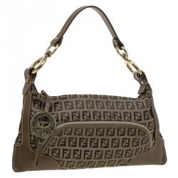 Pre Owned Fendi Tobacco Zucchino Canvas and Leather Front Pocket Shoulder Bag