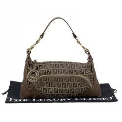 Pre Owned Fendi Tobacco Zucchino Canvas and Leather Front Pocket Shoulder Bag