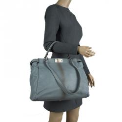 Pre Owned Fendi Grey Leather Python Lined Large Peekaboo Top Handle Bag