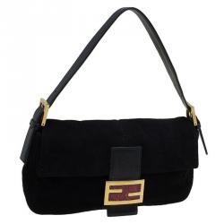 Pre Owned Fendi Black Suede Baguette Shoulder Bag
