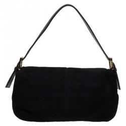 Pre Owned Fendi Black Suede Baguette Shoulder Bag