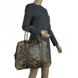 Pre Owned Fendi Brown Zucca and Zucchino Canvas Large Mixed Media Boston Bag