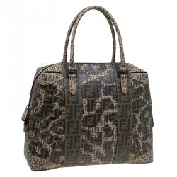 Pre Owned Fendi Brown Zucca and Zucchino Canvas Large Mixed Media Boston Bag