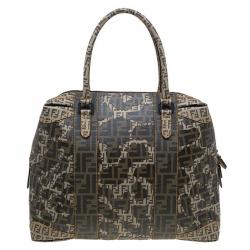 Pre Owned Fendi Brown Zucca and Zucchino Canvas Large Mixed Media Boston Bag