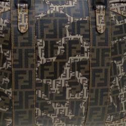 Pre Owned Fendi Brown Zucca and Zucchino Canvas Large Mixed Media Boston Bag