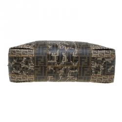 Pre Owned Fendi Brown Zucca and Zucchino Canvas Large Mixed Media Boston Bag