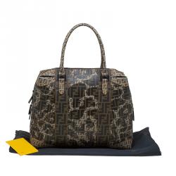 Pre Owned Fendi Brown Zucca and Zucchino Canvas Large Mixed Media Boston Bag