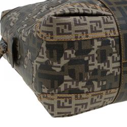 Pre Owned Fendi Brown Zucca and Zucchino Canvas Large Mixed Media Boston Bag