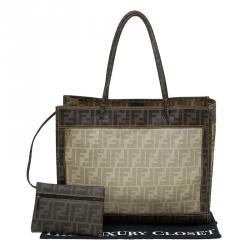 Pre Owned Fendi Tobacco Zucca Mesh and Coated Canvas Tote
