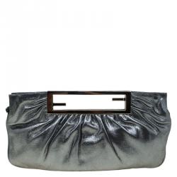 Pre Owned Fendi Metallic Grey Leather Cutout Handle Clutch