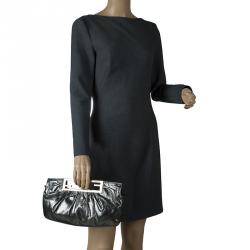 Pre Owned Fendi Metallic Grey Leather Cutout Handle Clutch