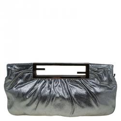 Pre Owned Fendi Metallic Grey Leather Cutout Handle Clutch
