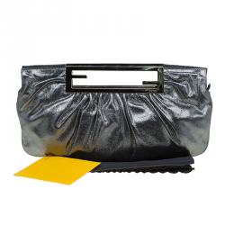 Pre Owned Fendi Metallic Grey Leather Cutout Handle Clutch