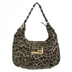 Pre Owned Fendi Bi Color Leopard Print Canvas Mia Hobo